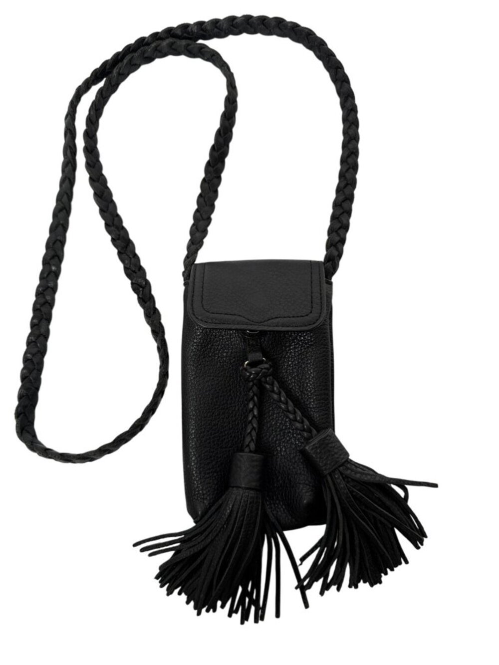 Rebecca Minkoff Black Leather Crossbody Bag With Braided Strap & Tassels